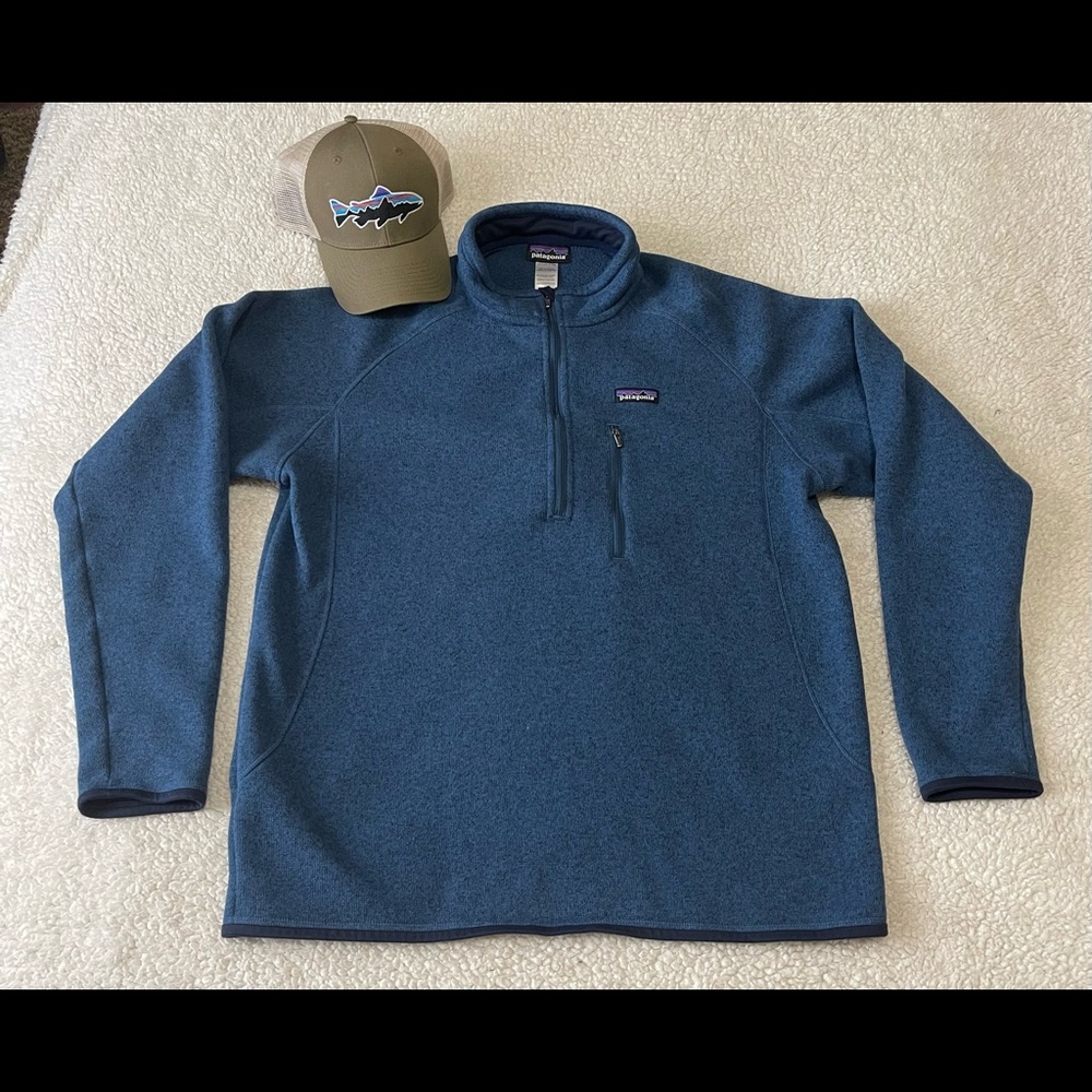 PATAGONIA Mens XL Better Sweater 1/2 Zip Blue with Live Simply Fish Logo Hat